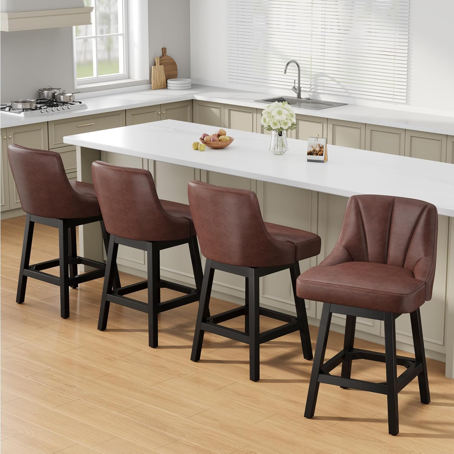 Swivel Bar Stools with Backs, 26 Counter Height Bar Stools Set of 4, Modern Leather Extra Upholstered Counter Barstools with Square Solid Wood Legs for Kitchen Island, Dining Room, Brown