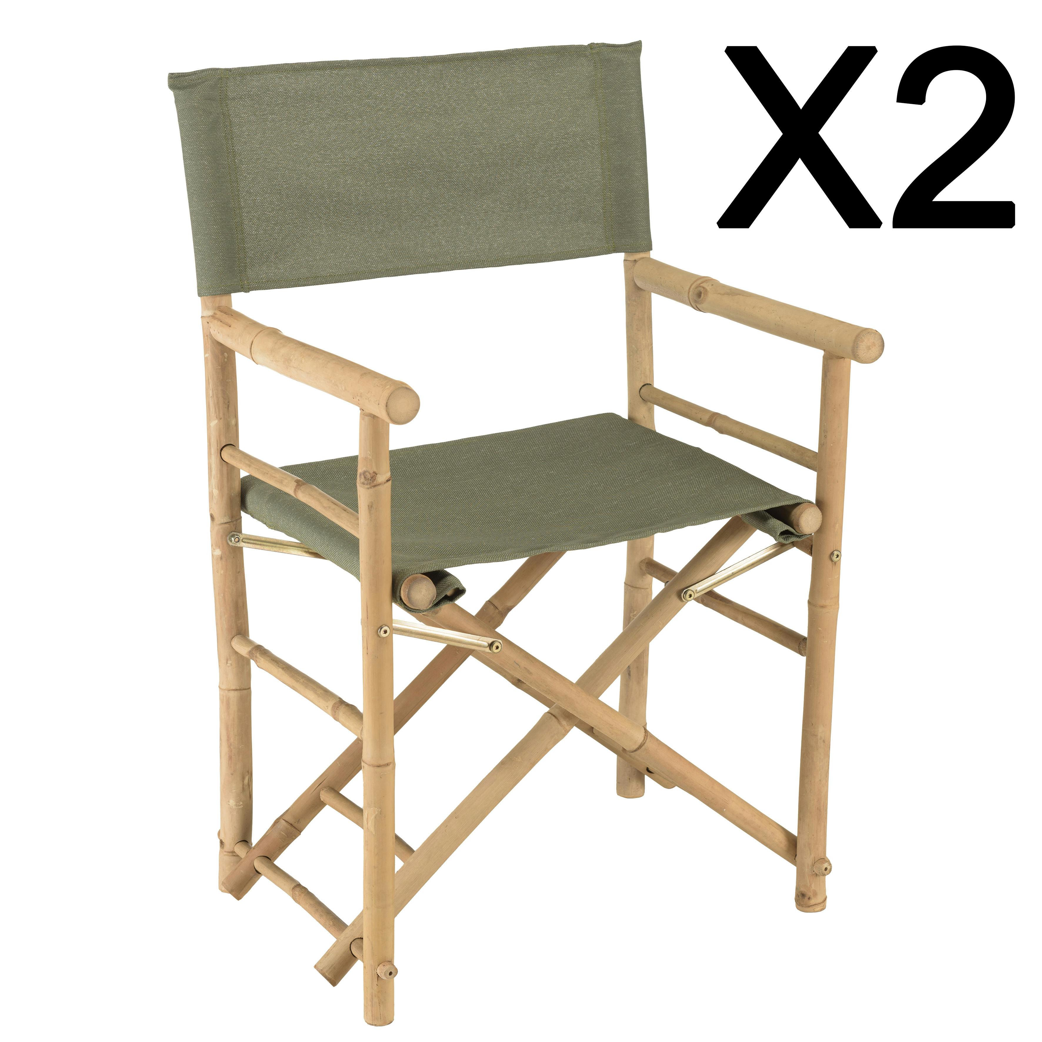 Set de 2 fauteuils pliants bambou, dossier/assise en tissu vert CALVIA