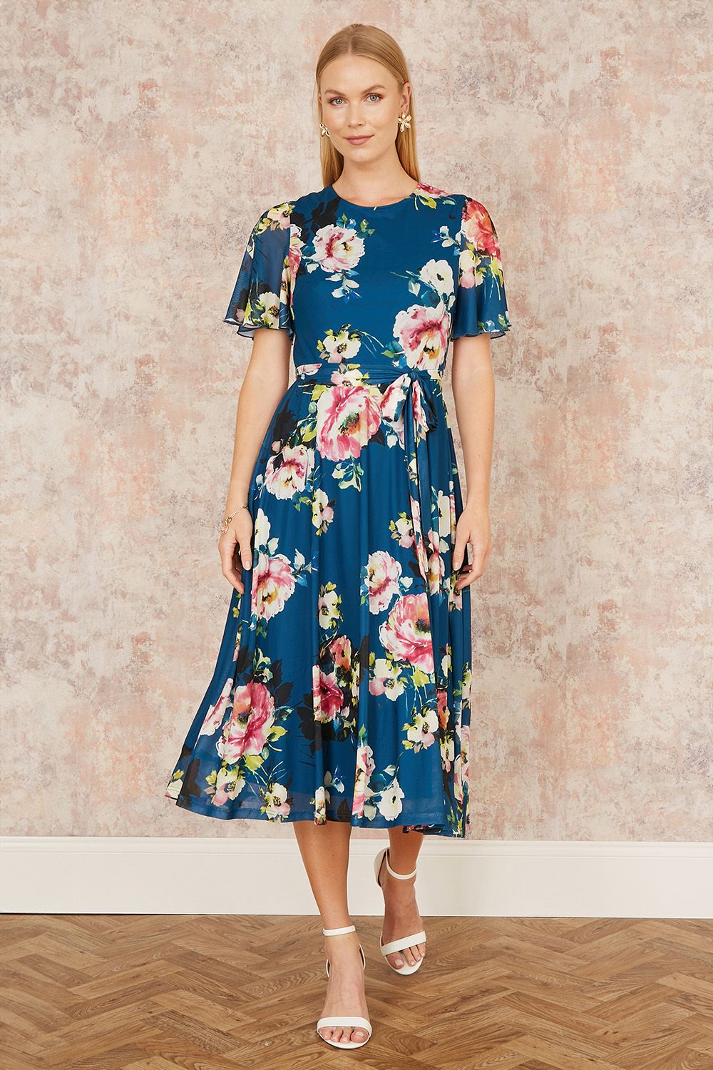 Yumi Yumi Green Mesh Floral Midi Dress With Angel Sleeves