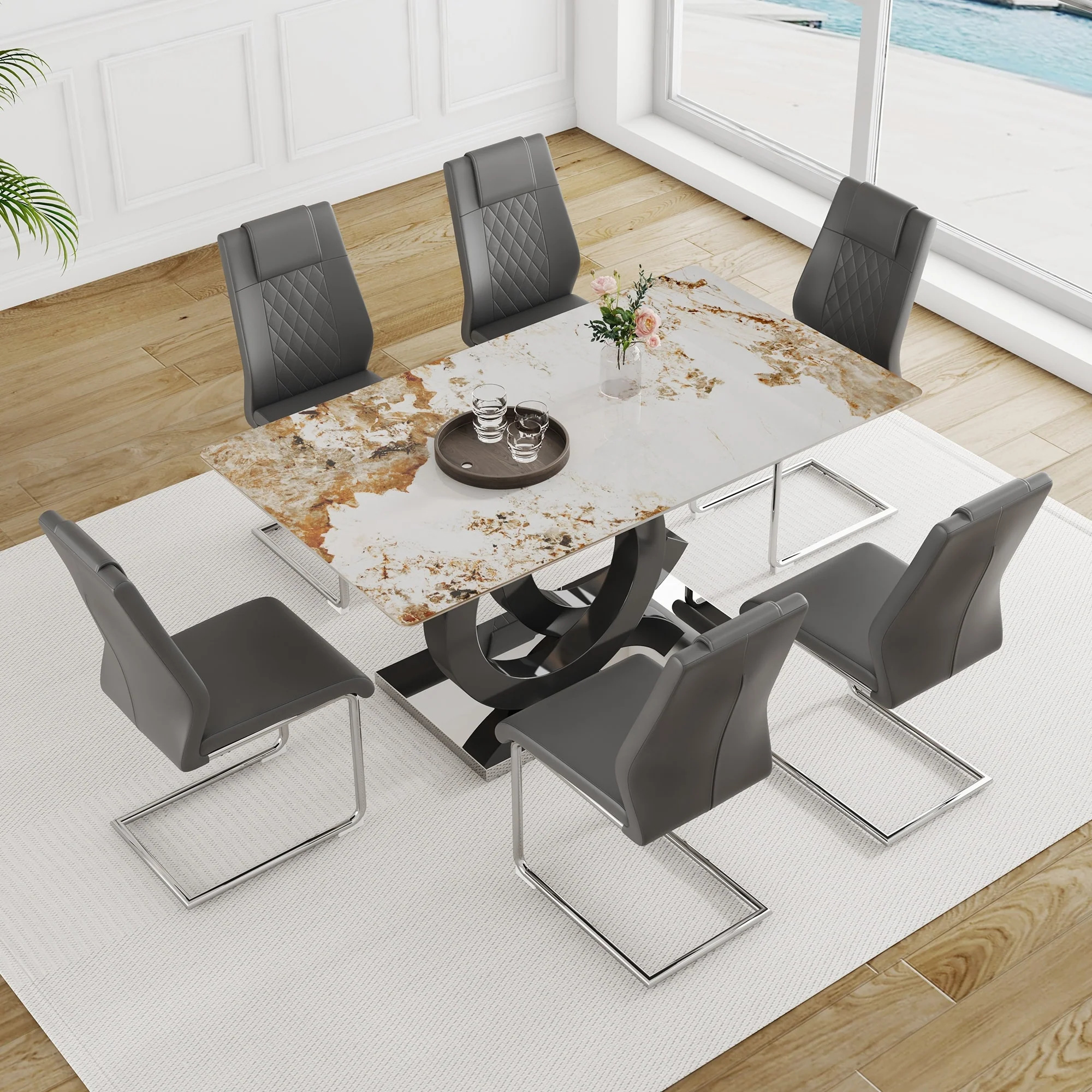 Modern Style Marble Pattern Sintered Stone Dining Table Set with OC-Shaped Base and PU Upholstered Chairs