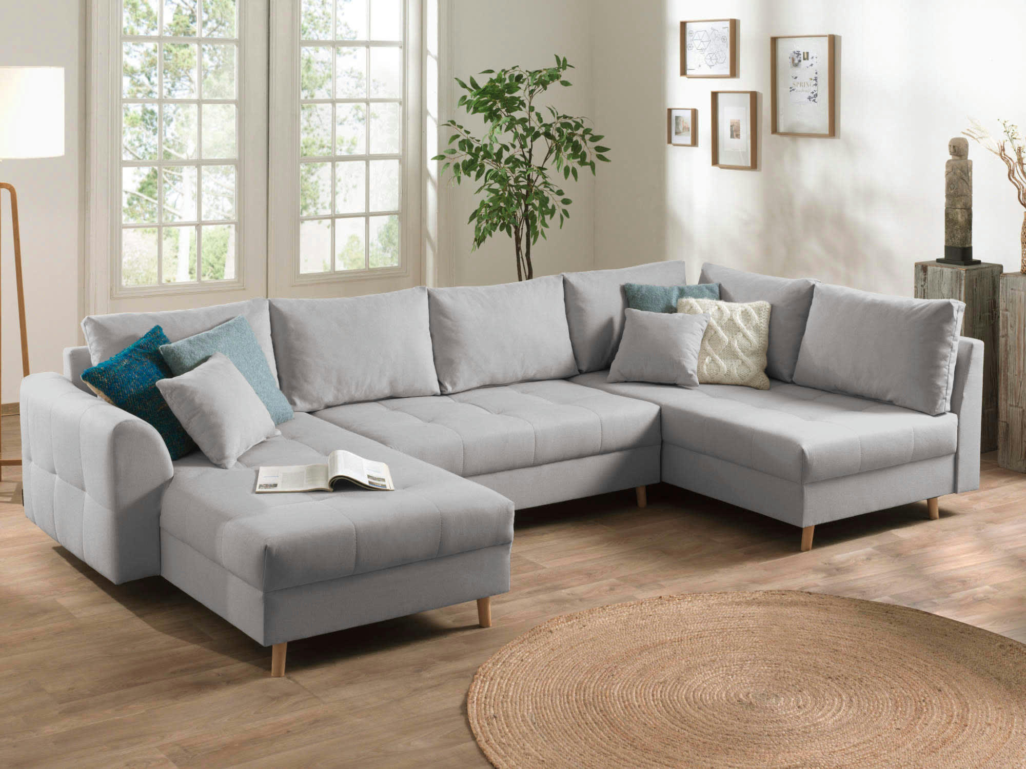 RUNE - Canapé panoramique 7 places angle droit en tissu gris clair