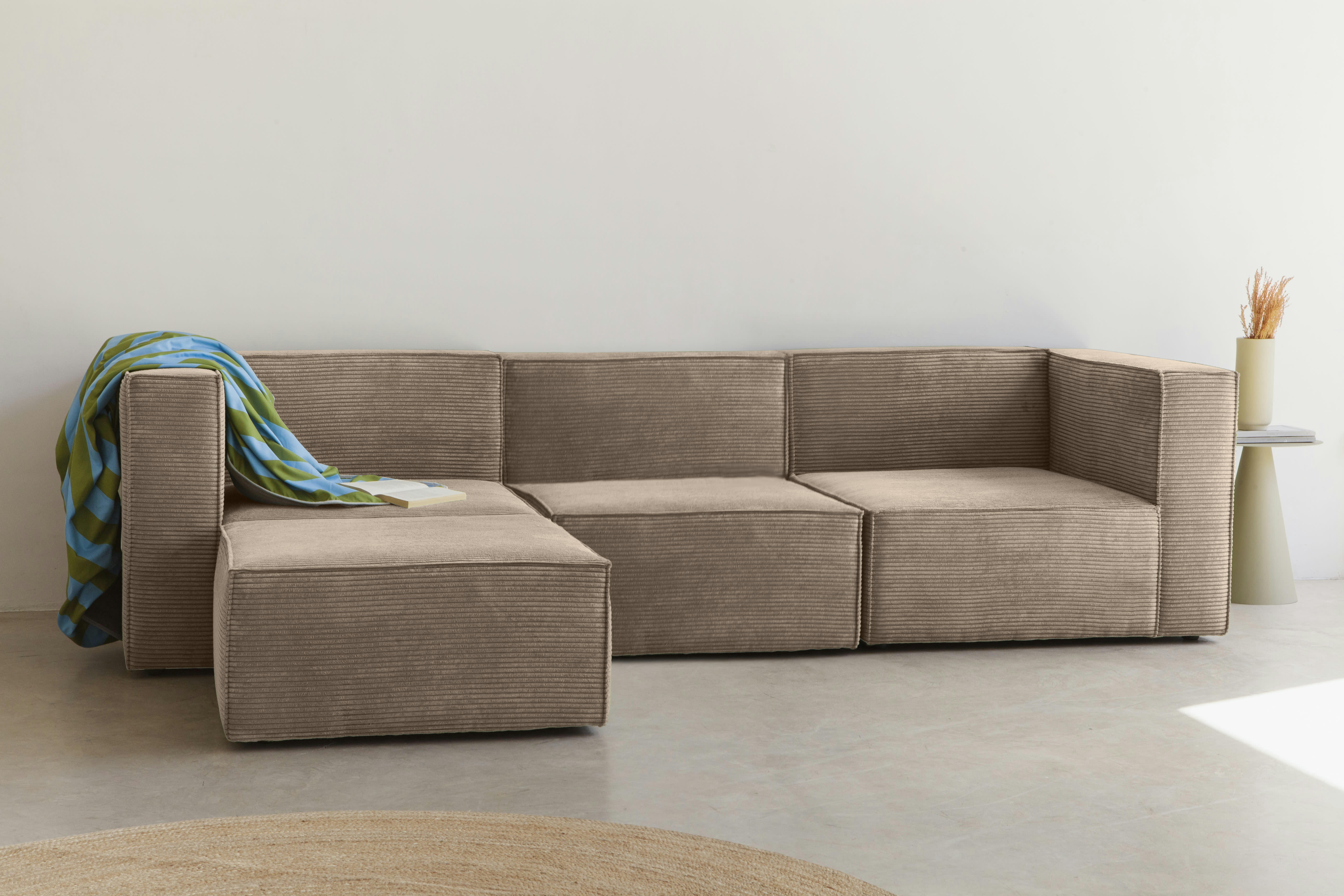 HARPER - Canapé 4 places avec chaiselongue en velours côtelé pierre