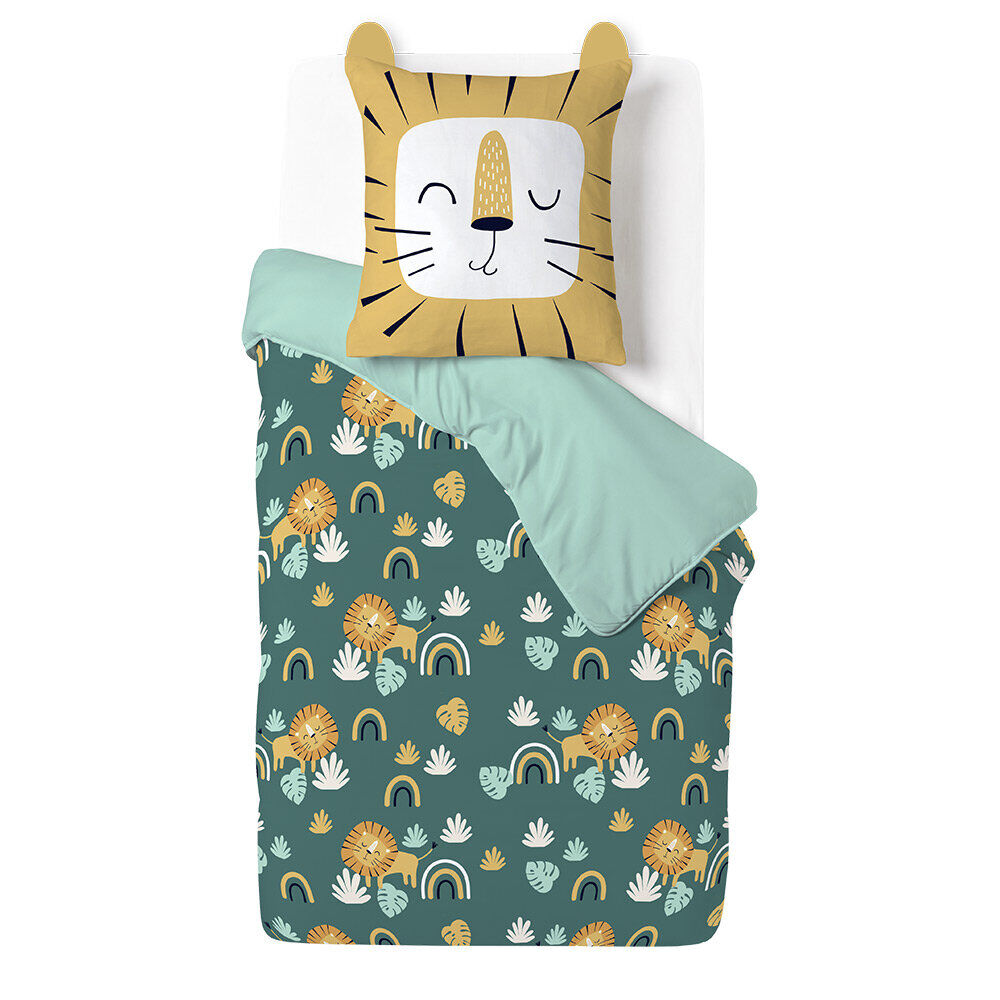 Parure de lit enfant 1 personne 140x200cm réversible motif savane lion vert