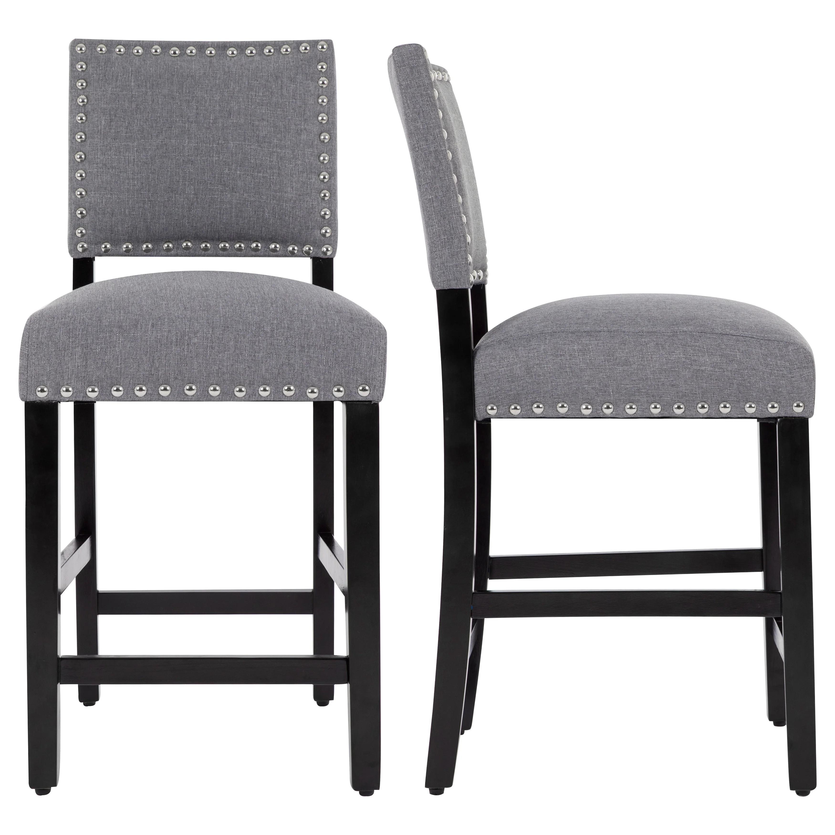 24 Inches Fabric Upholstered Counter Height Bar stools with Back and Silver Nailhead Trim Set of 2