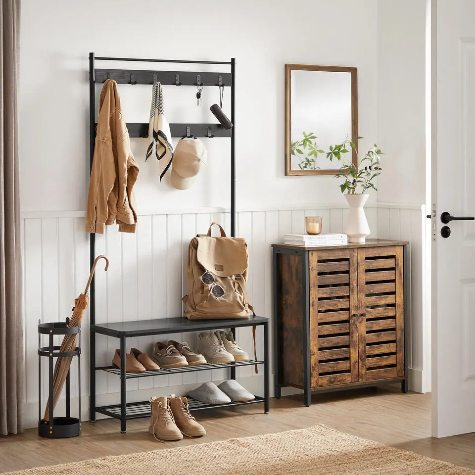 XL Garderoberek met Schoenenbank, Kapstok en Schoenenrek, 11 Haken, Zwart
