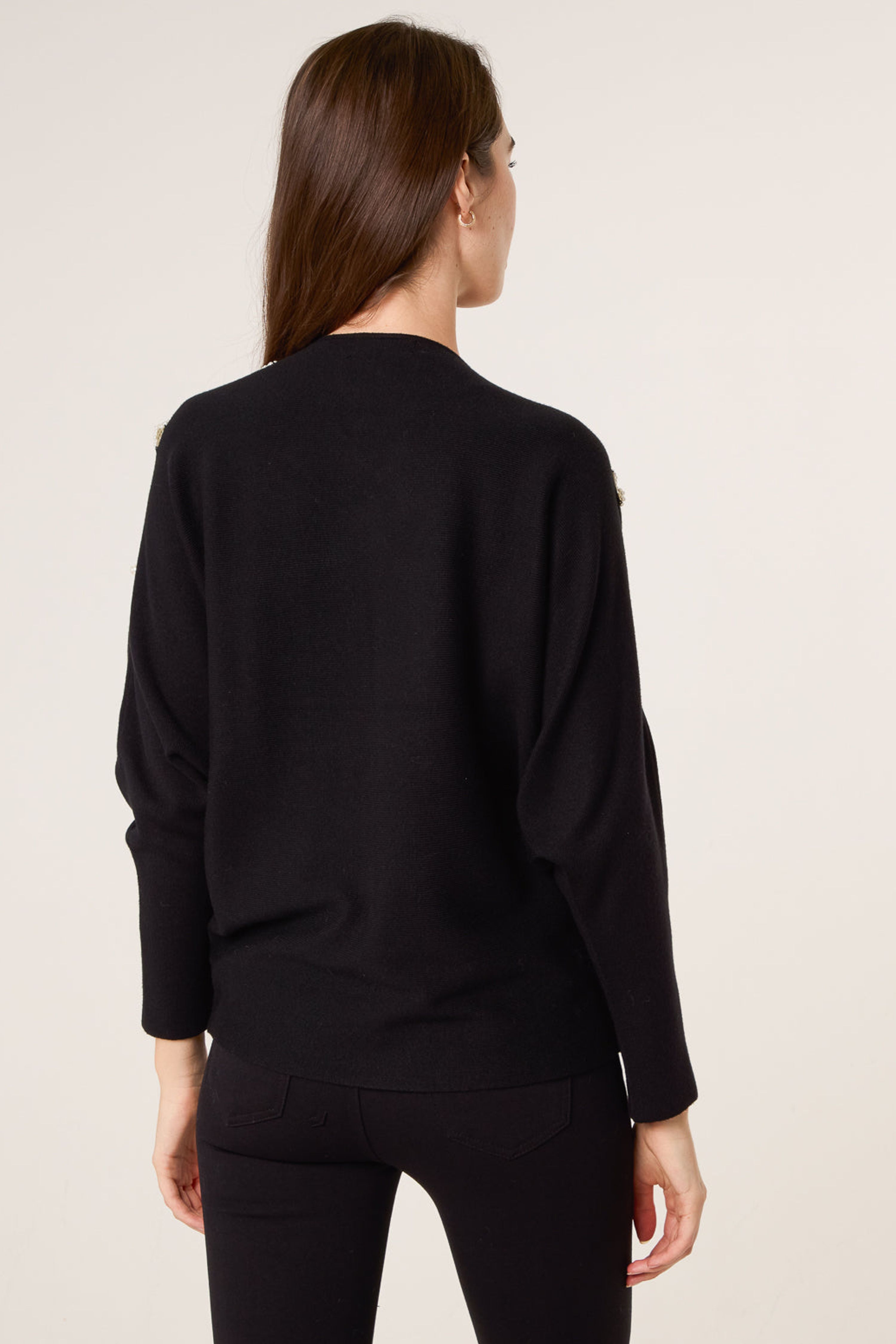 Blue Vanilla Black V-Neck Batwing Shoulder Pearl Detailing Jumper