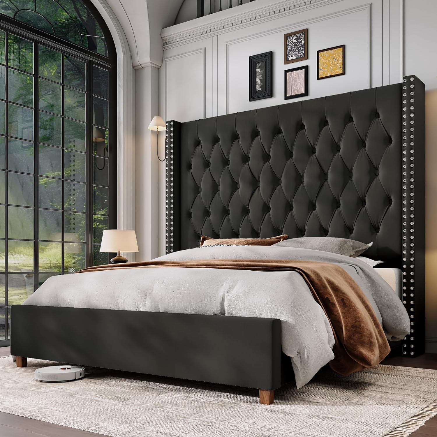 Jocisland King Size Bed Frame with 61.4 Tall Headboard, Velvet Upholstered Wingback Platform Design, Handcrafted Pleats& Deep Button Tufted, Solid Wood Legs, No Box Spring Needed, Black