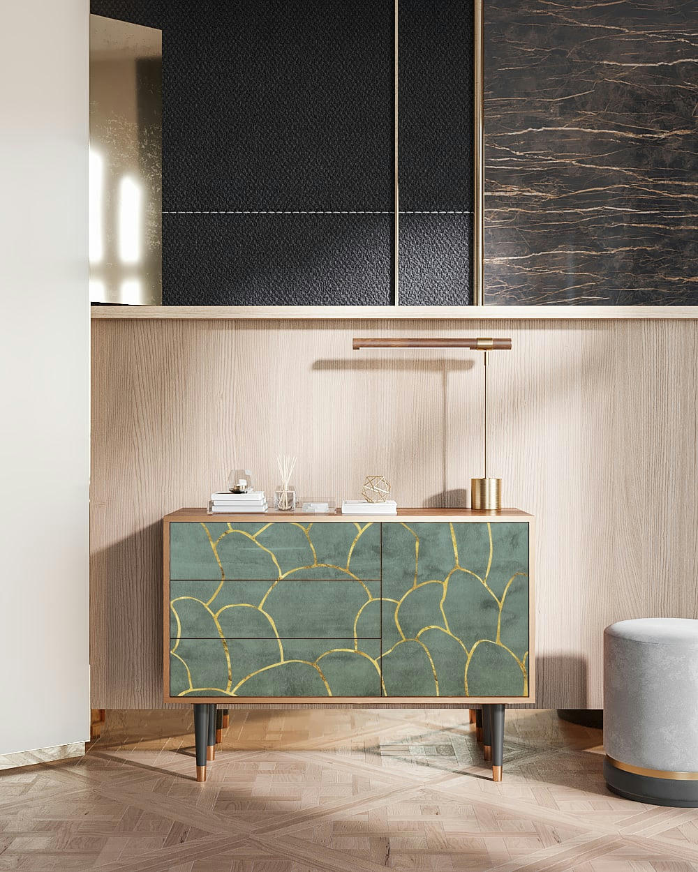 MAGNIFICENT WATER LILY - Buffet  bleu-vert 3 tiroirs et 1 porte L 115 cm