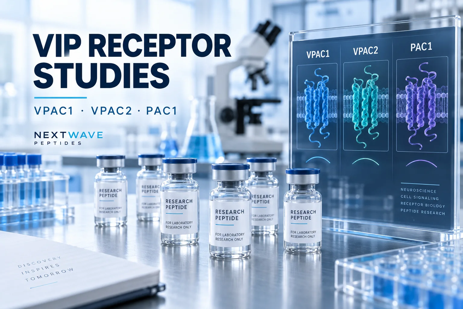 VIP research vials beside a laboratory display comparing VPAC1, VPAC2, and PAC1 receptor study channels.
