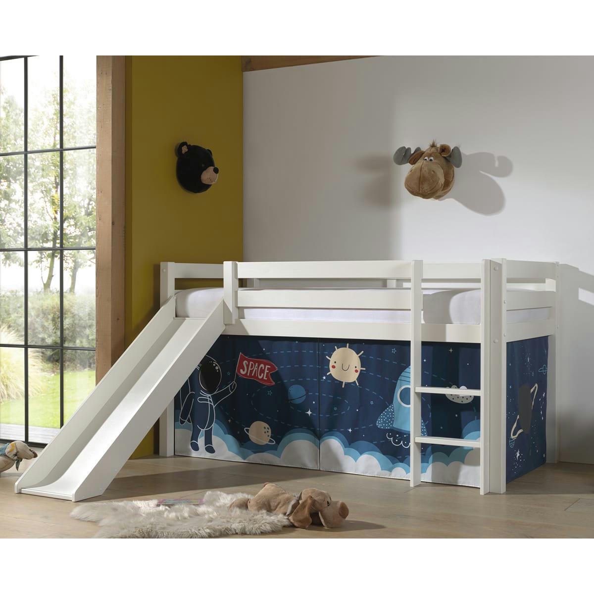 PINO - Lit mi-hauteur 90x200 toboggan sommier inclus housse space blanc