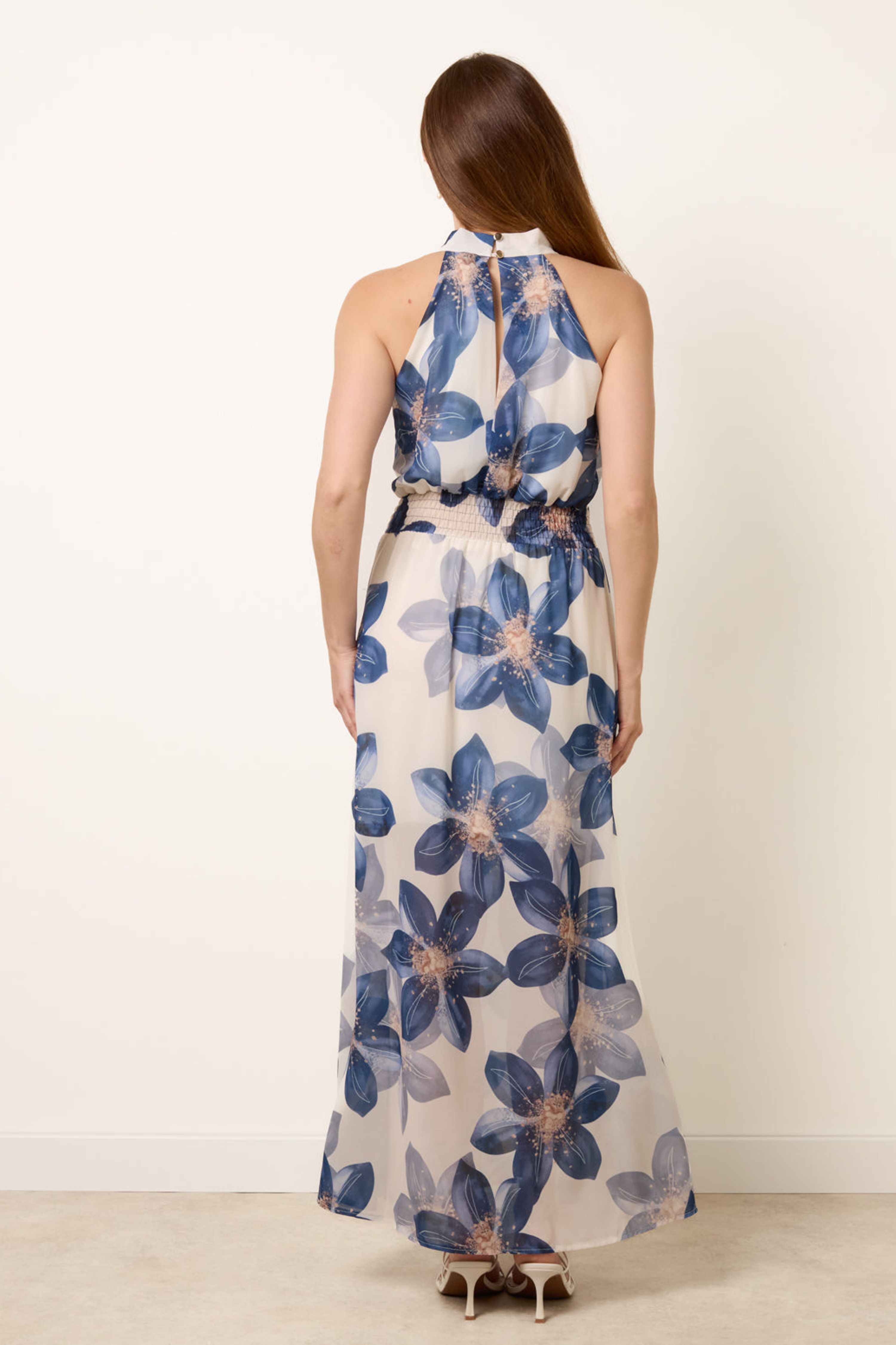 Blue Vanilla Navy Floral Print Halter Neck Occasion Dress