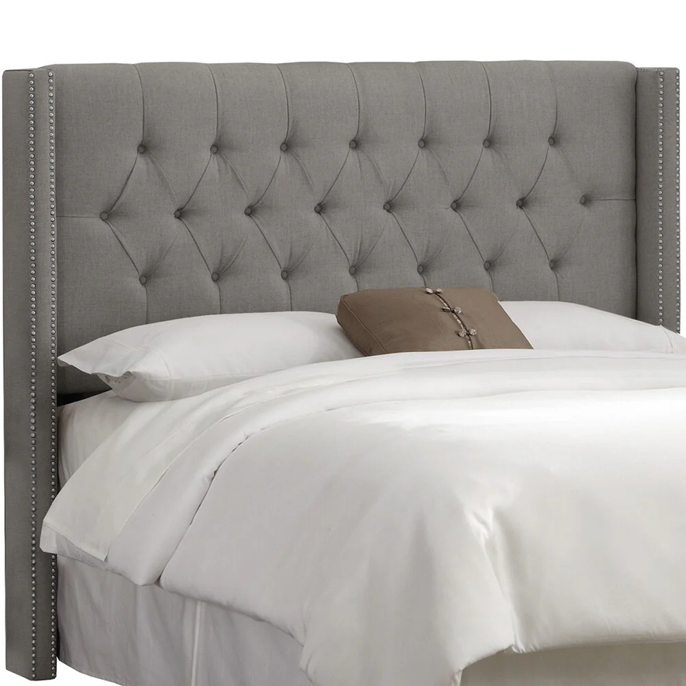 Skyline Furniture Linen Grey Diamond Tufted Wingback Headboard