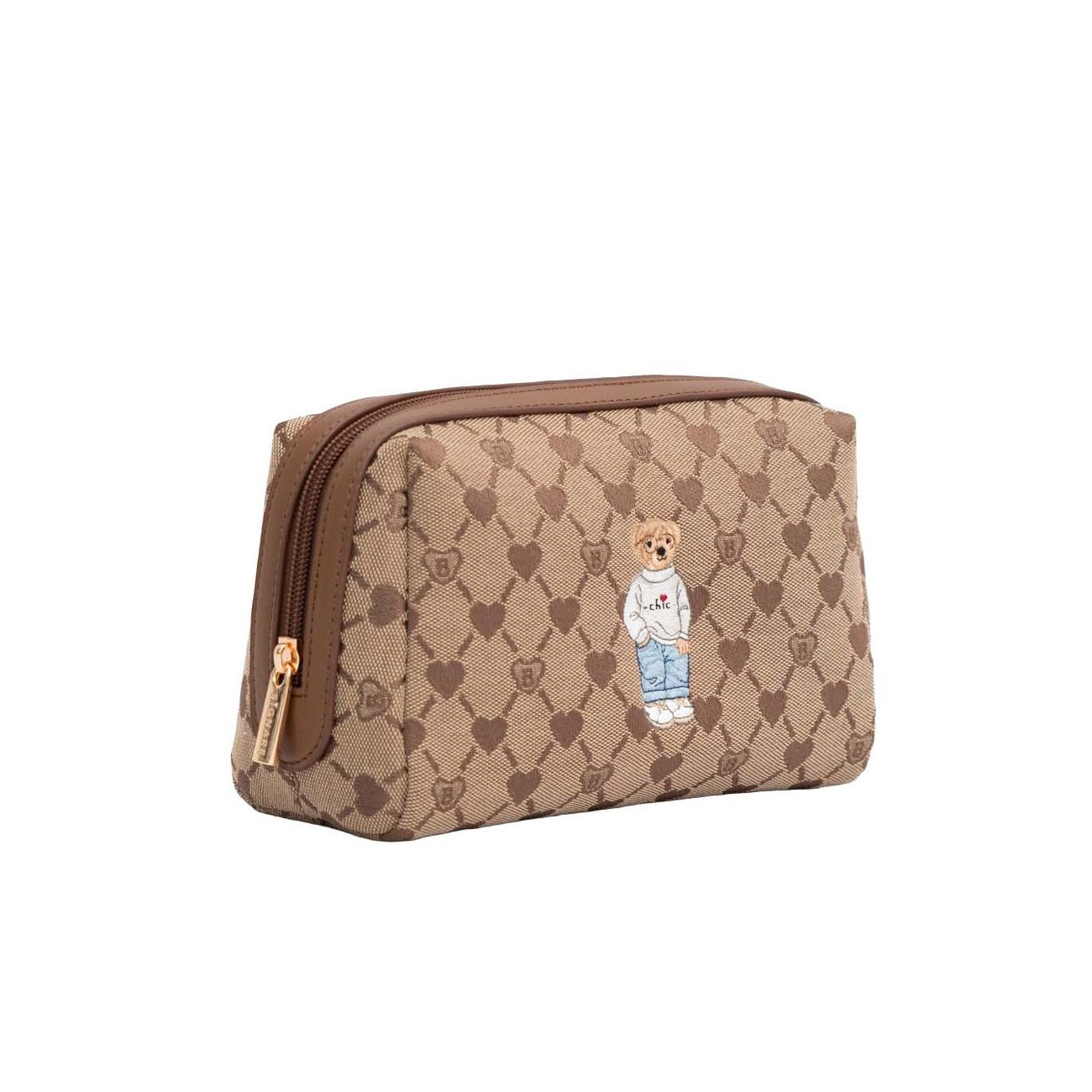 Signare London Beauty Toiletry Bag - B-Loved Beige Monogram Teddy Bear