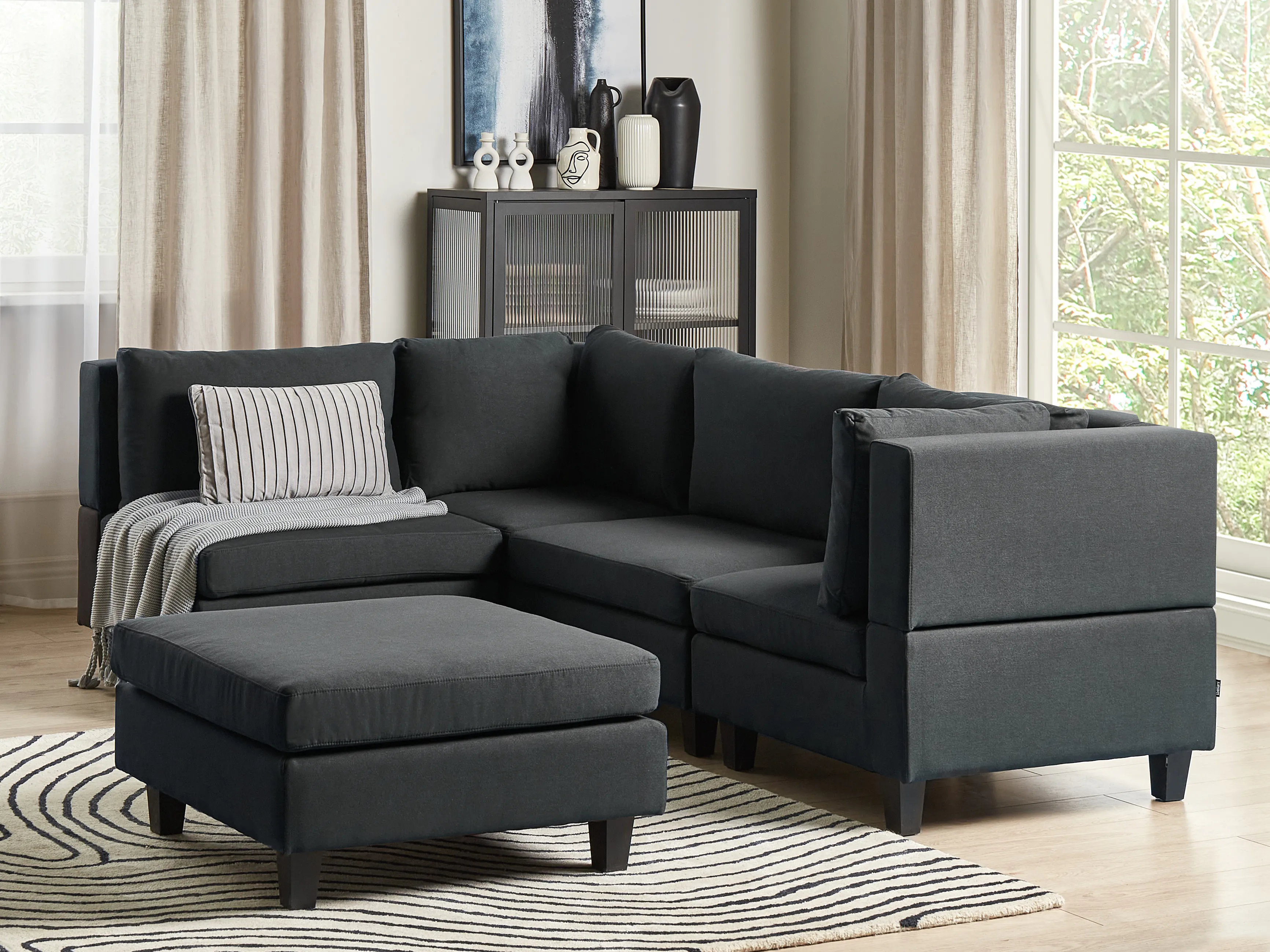 Modular Corner Sofa 4 Seater UNSTAD Fabric Black with Ottoman Right Hand