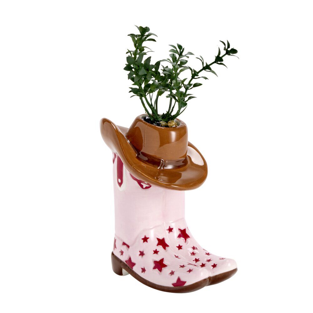 Plante verte artificielle dans pot céramique forme botte cowboy 9x6xH17cm