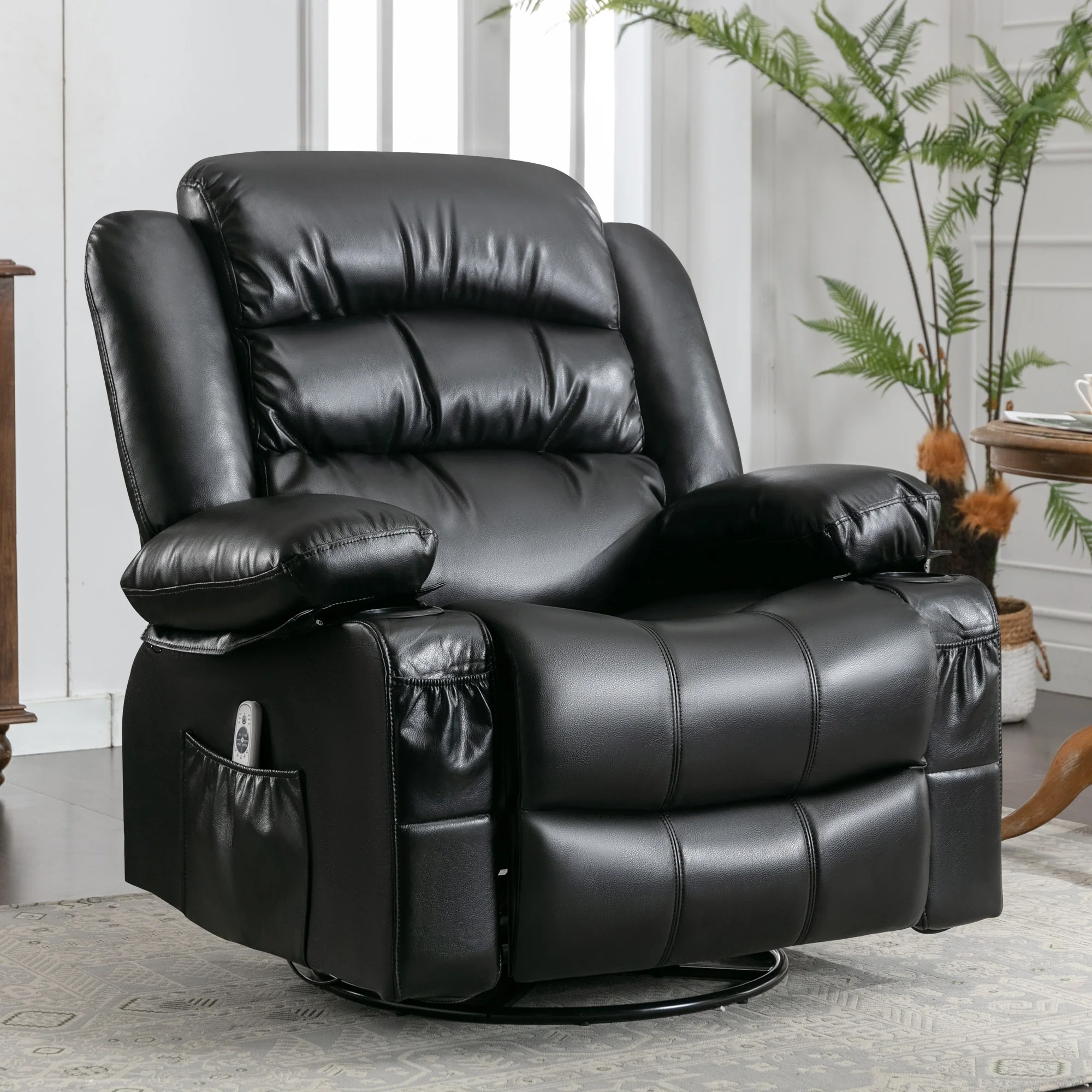 PU Leather Massage Rocker Recliner with 360° Swivel, Heated 8-Point Vibration, USB Charging, Cup Holders, and Storage Pockets