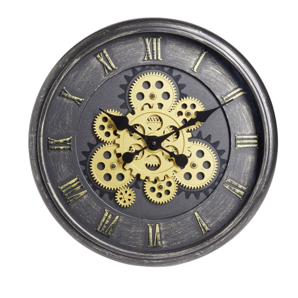 Horloge ronde motif engrenage plastique noir et doré Ø40cm