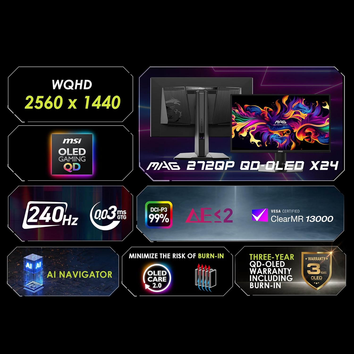 msi MAG 272QP QD-OLED X24 27-inch 2560 x 1440 (QHD) Gaming Monitor  240Hz  Adaptive-Sync  HDMI  DisplayPort  VESA Mountable  Tilt  Height Adjustable  Speaker  0.03ms  Black