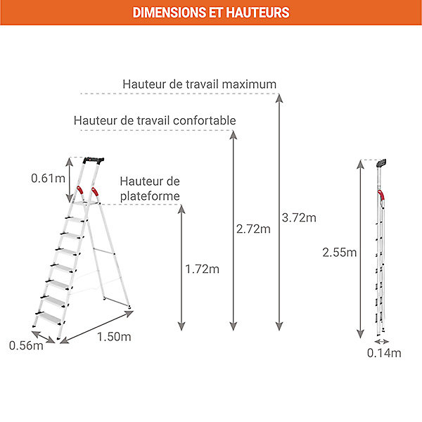 Escabeau pro 8 marches - Hauteur max. de travail 3.72m - Grandes marches XXL - 8818-001