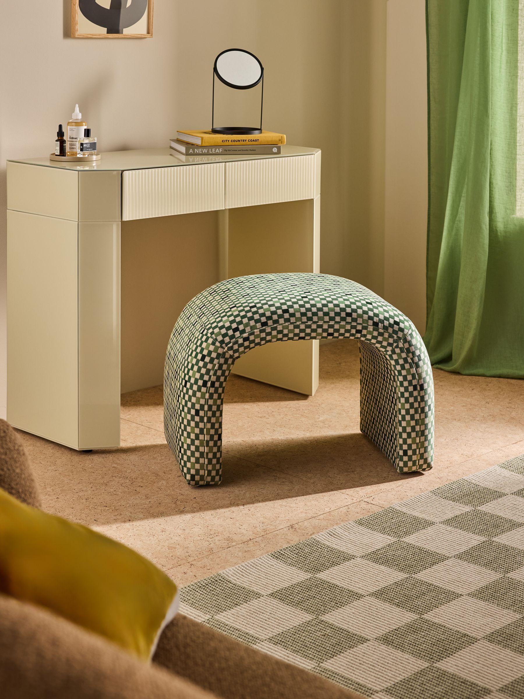 Beryl Stool in Green Checked Velvet
