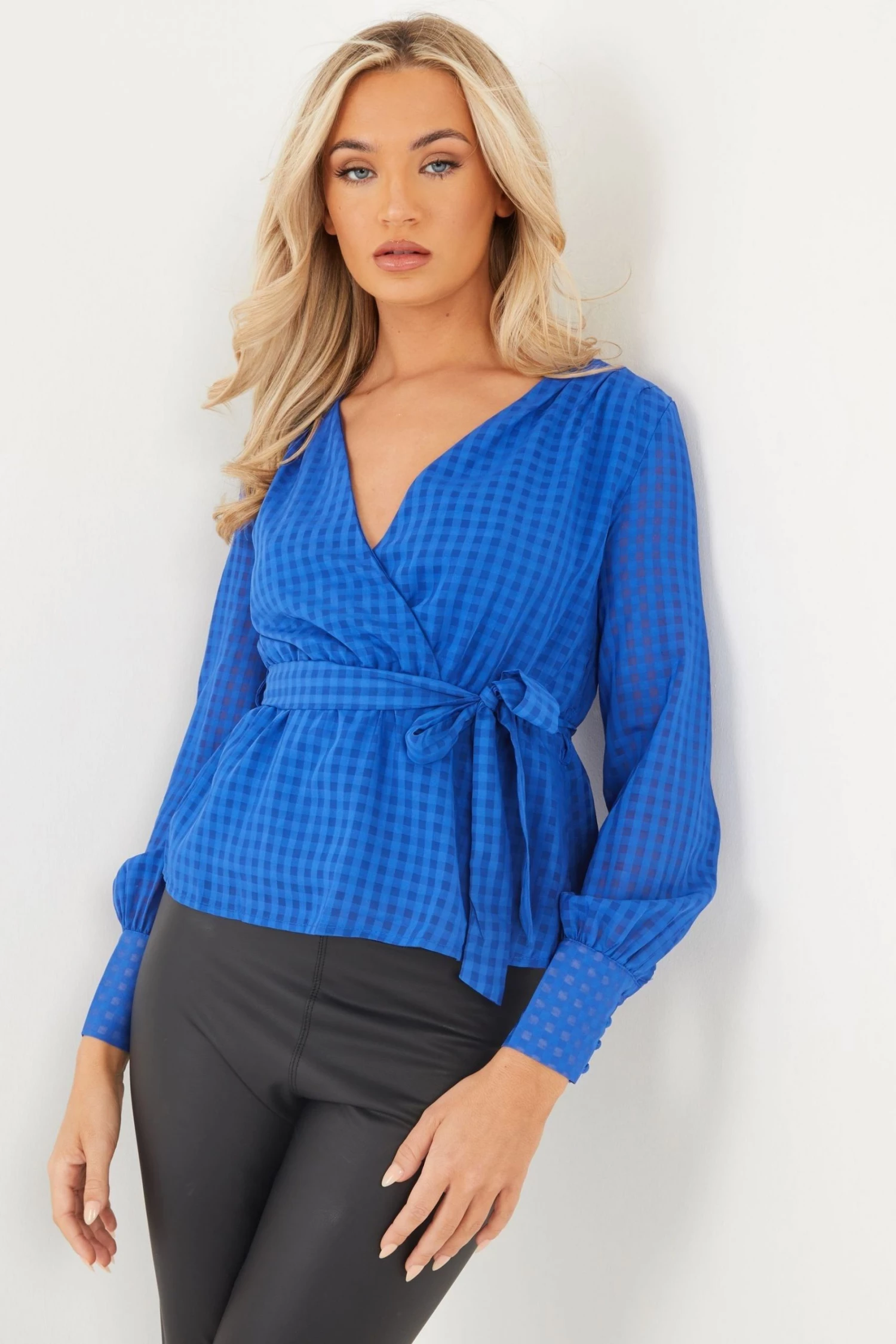 Quiz Blue Checked Wrap Peplum Top