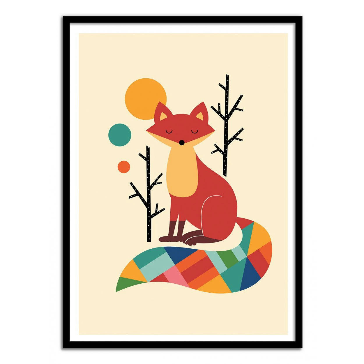 ANDY WESTFACE - RAINBOW FOX -  Affiche d'art avec Cadre bois noir - 30 x 40 cm