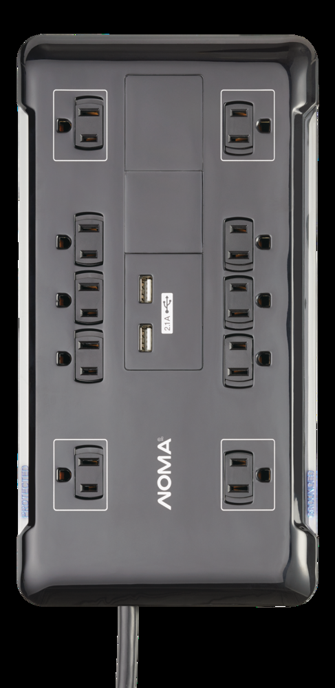 NOMA 10-Outlet and 2 USB Port Power Bar with Surge Protector, 4-ft Cord, 3420 Joules, Black
