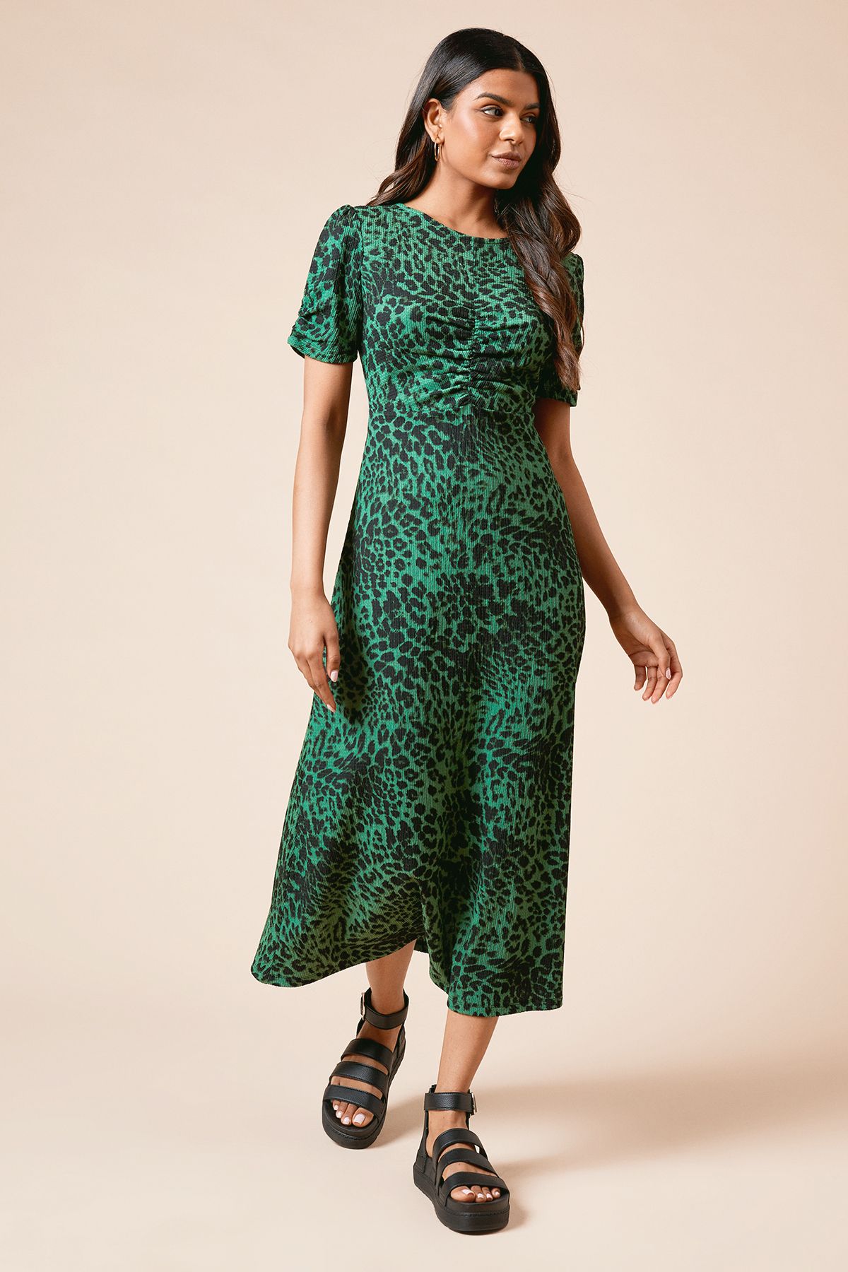 Dorothy Perkins Petite Animal Ruched Sleeve Jersey Midi Dress