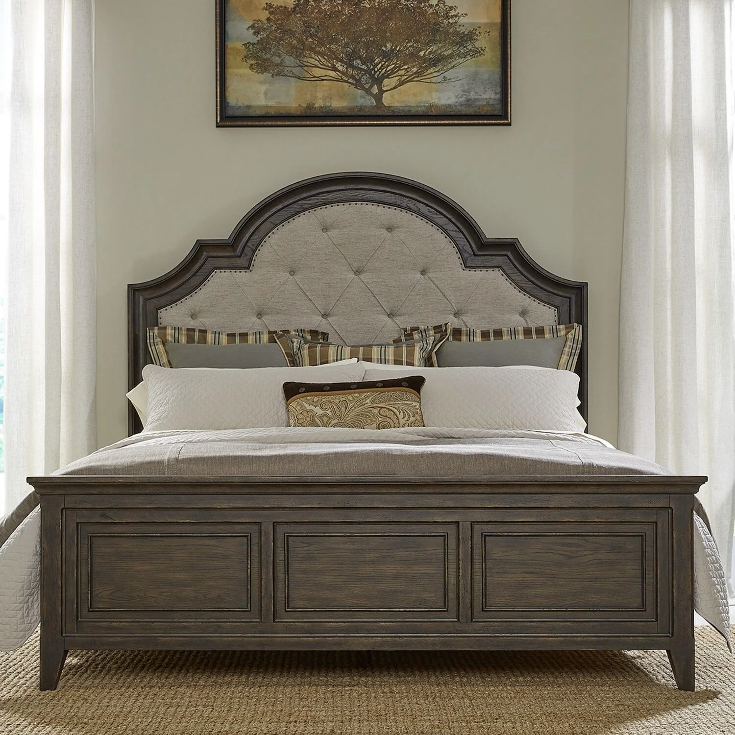 Paradise Valley Saddle Brown Upholstered Bed, Dresser and Mirror Set