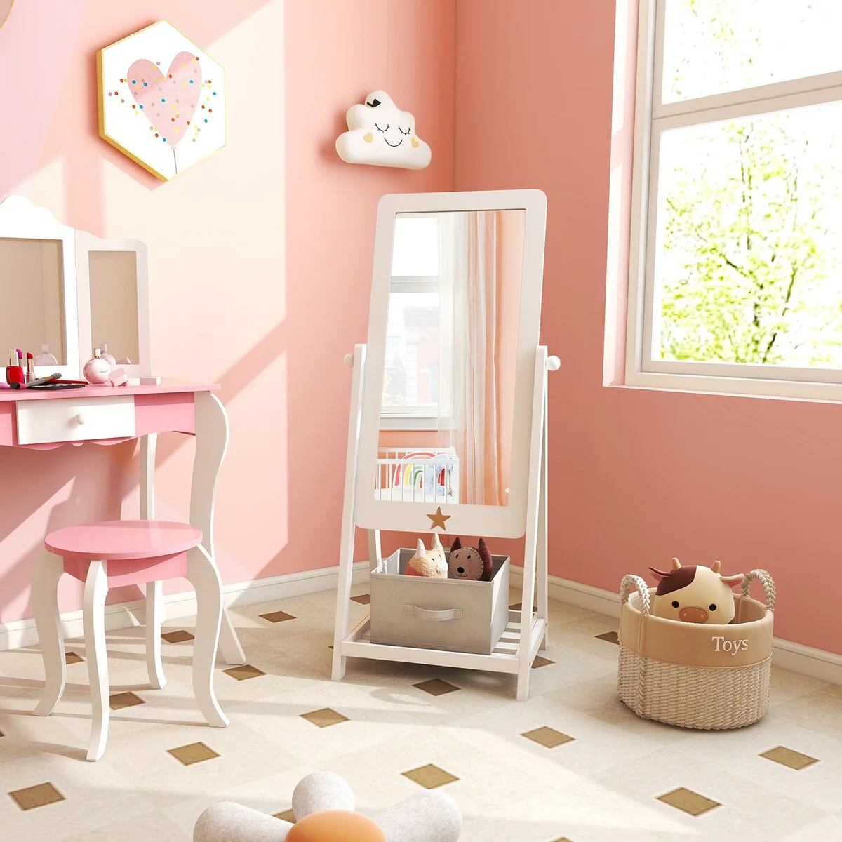 Kids Full Length Wooden Standing Mirror with Bottom Shelf and Foldable Storage Bin-White - 17.5L x 15.5W x 44H