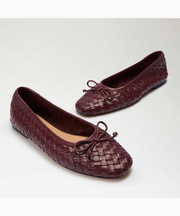 Heat Burgundy - Woven Leather Bow Detail Ballet Pumps