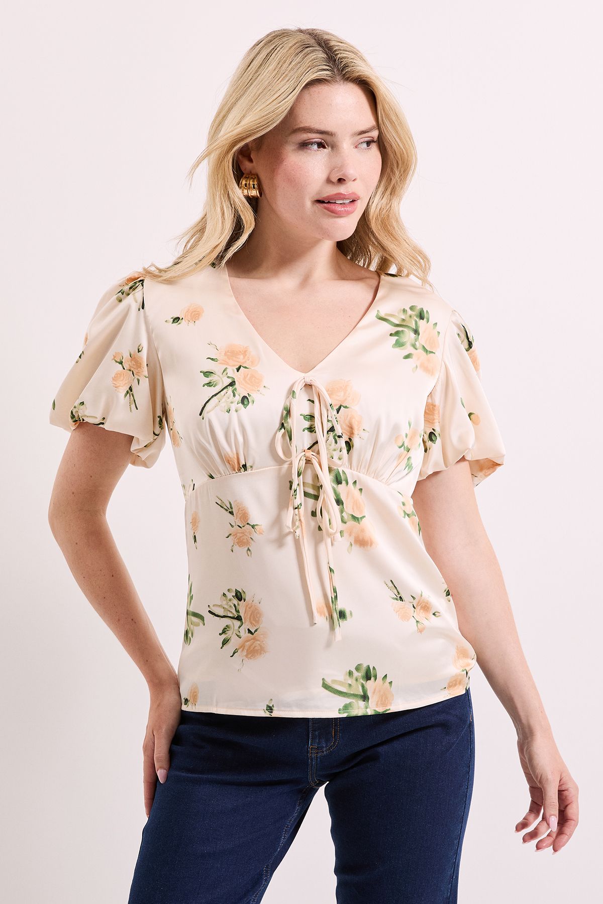 Dorothy Perkins Floral Tie Front Button Up Puff Sleeve Top