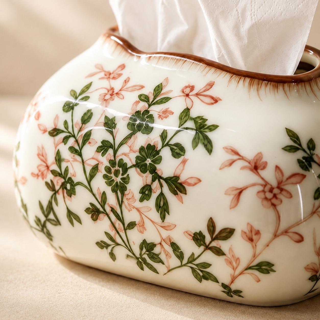 Floral CeramicTissue Box Cover, HandmadePorcelainTissue Holder, VintageBotanical Home Decor, ElegantBathroom VanityDecor, Living Room Accent