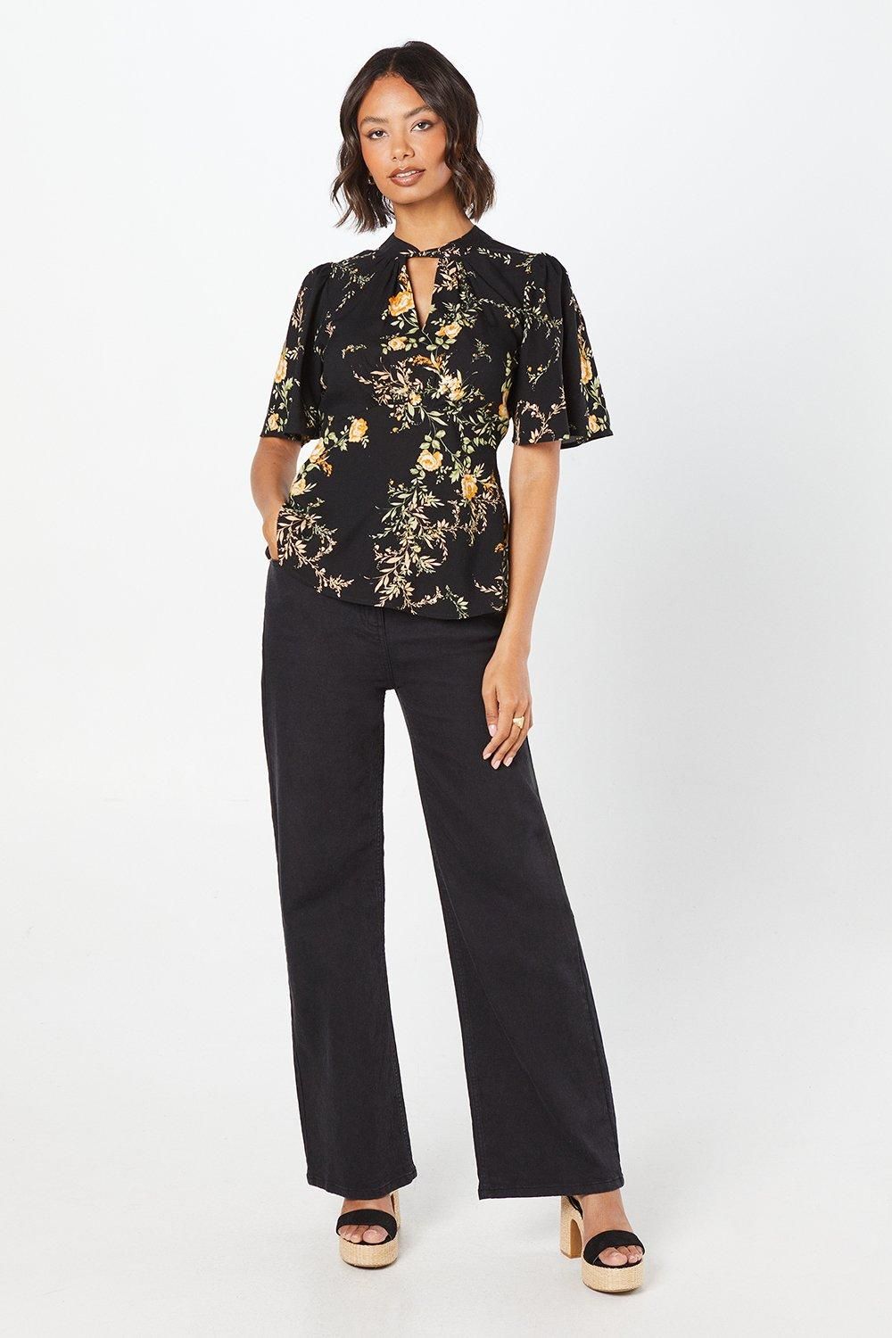 Dorothy Perkins Black Floral Twist Neck Keyhole Blouse