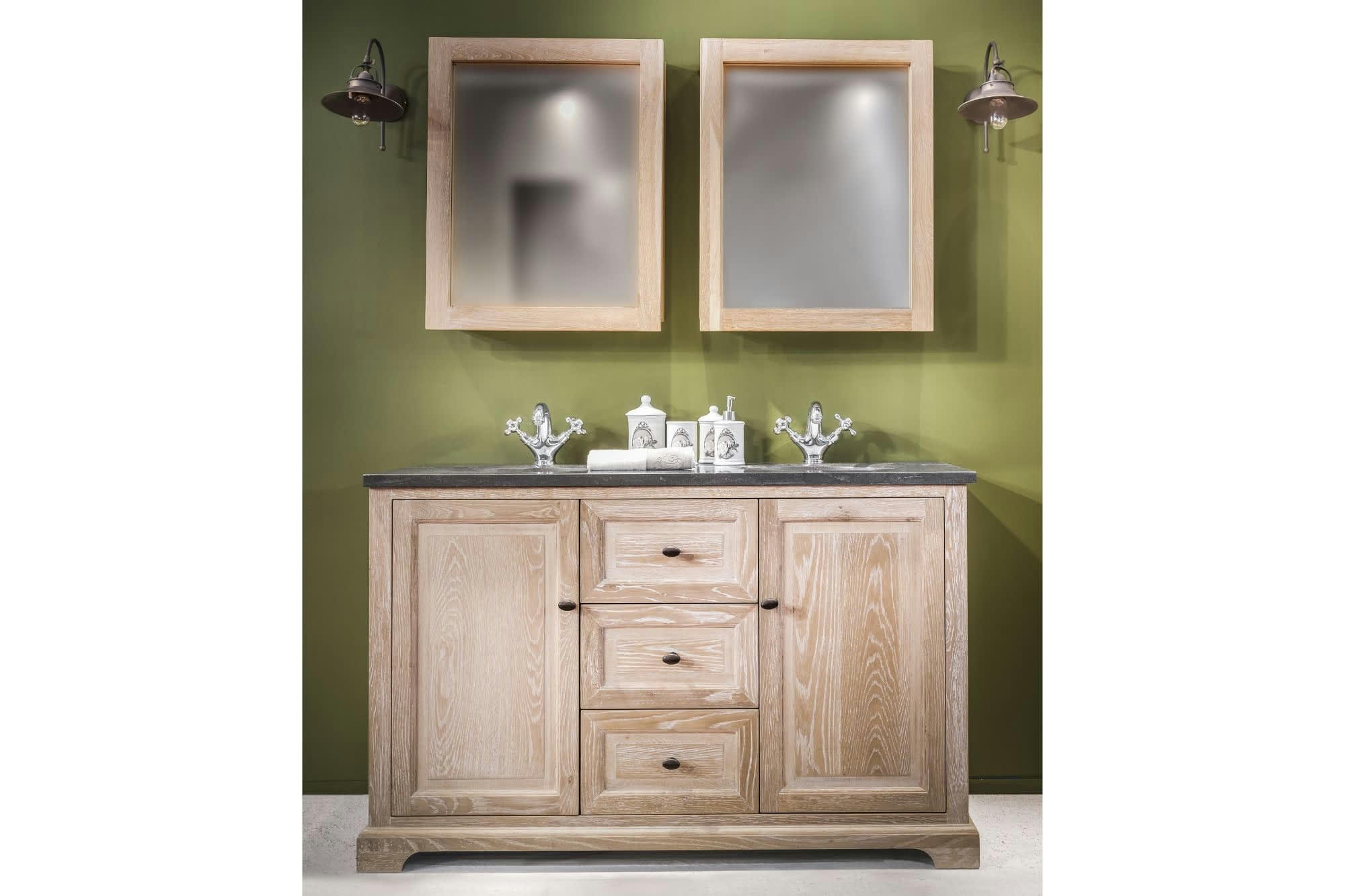 VIENNE II - Meuble double vasque en chêne blanchie L140 et 2 miroirs (ensemble)