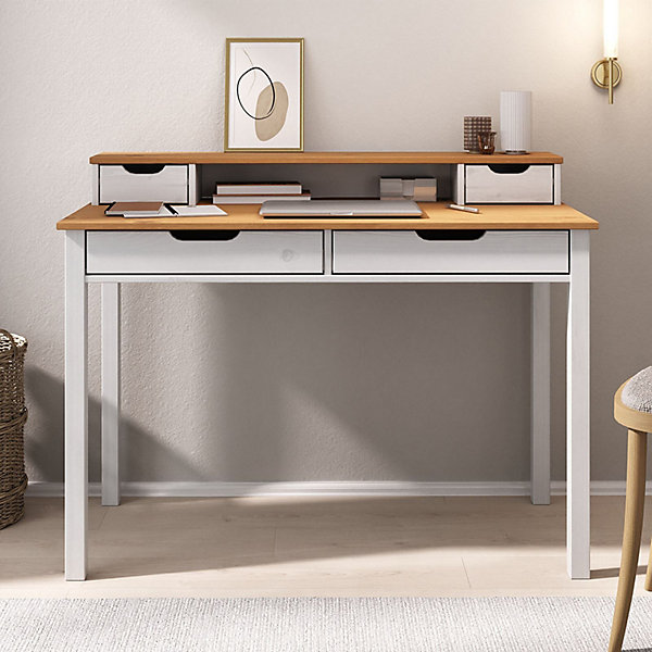 Bureau RAUL L 114 cm 4 tiroirs en bois massif - Blanc et chêne