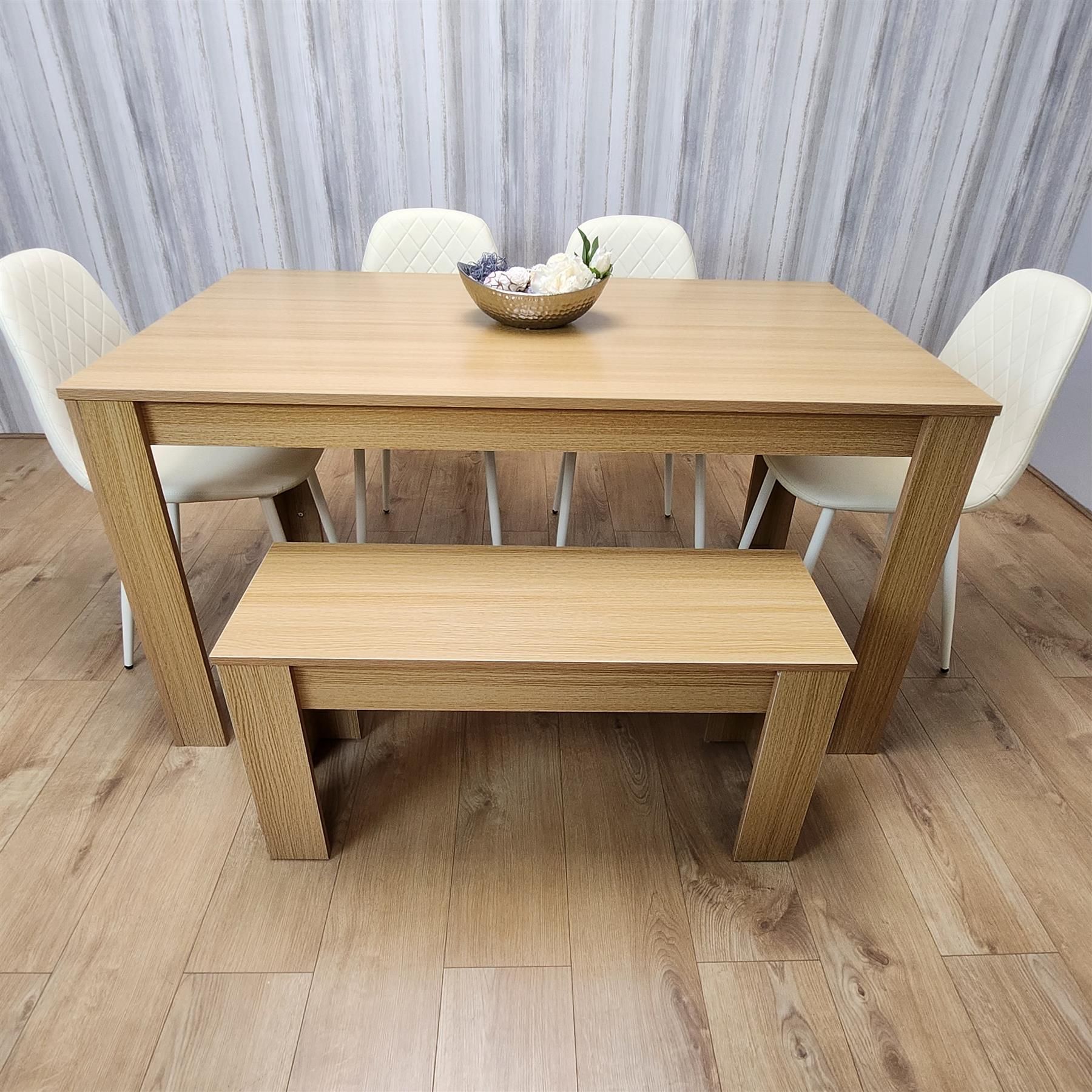 KOSY KOALA 6 Seater Light Wood Dining Table Set 4 Cream Plastic Chairs and Bench