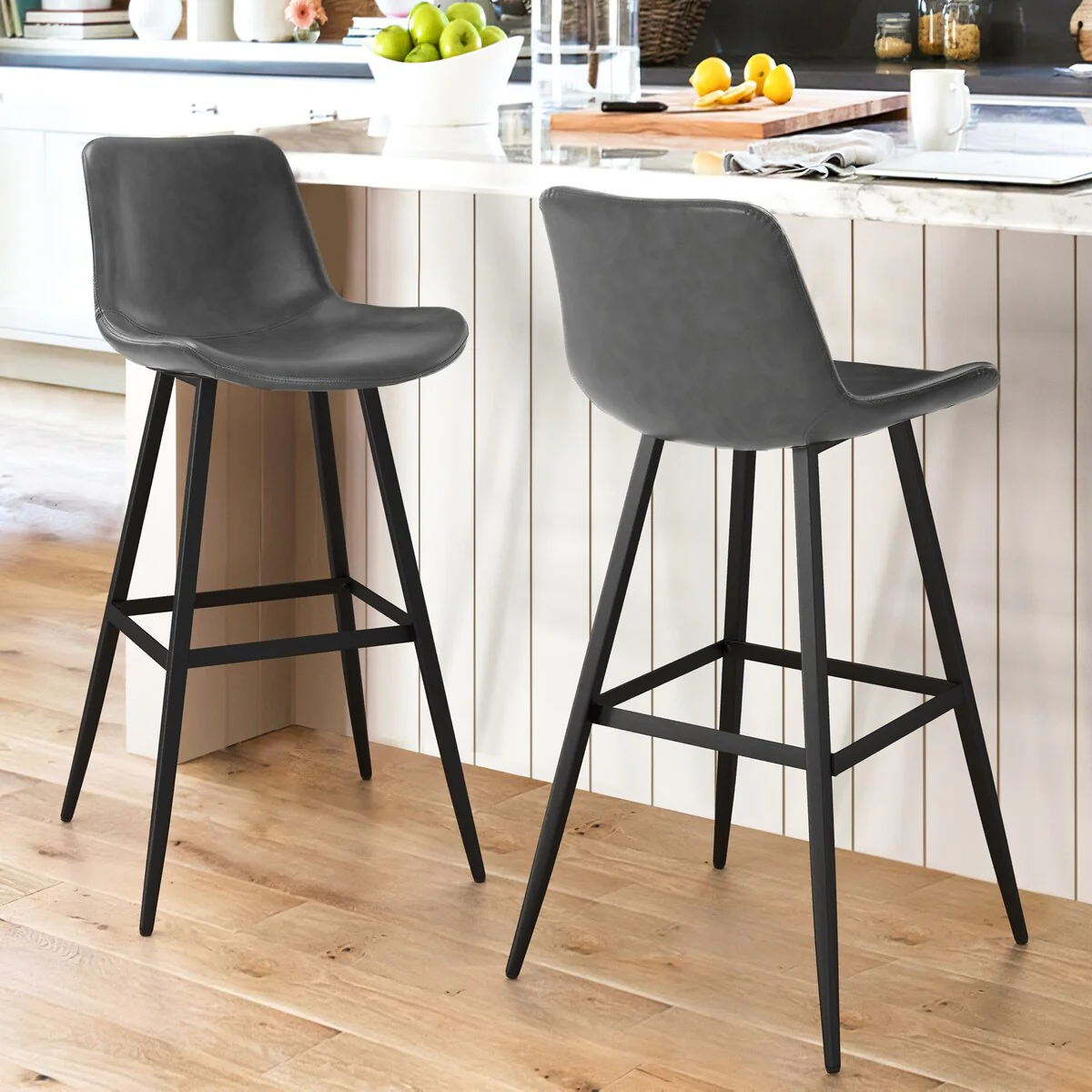 LUE BONA Metal Frame Bar Stools Counter Height Stools with Faux Leather Seat (Set of 2)