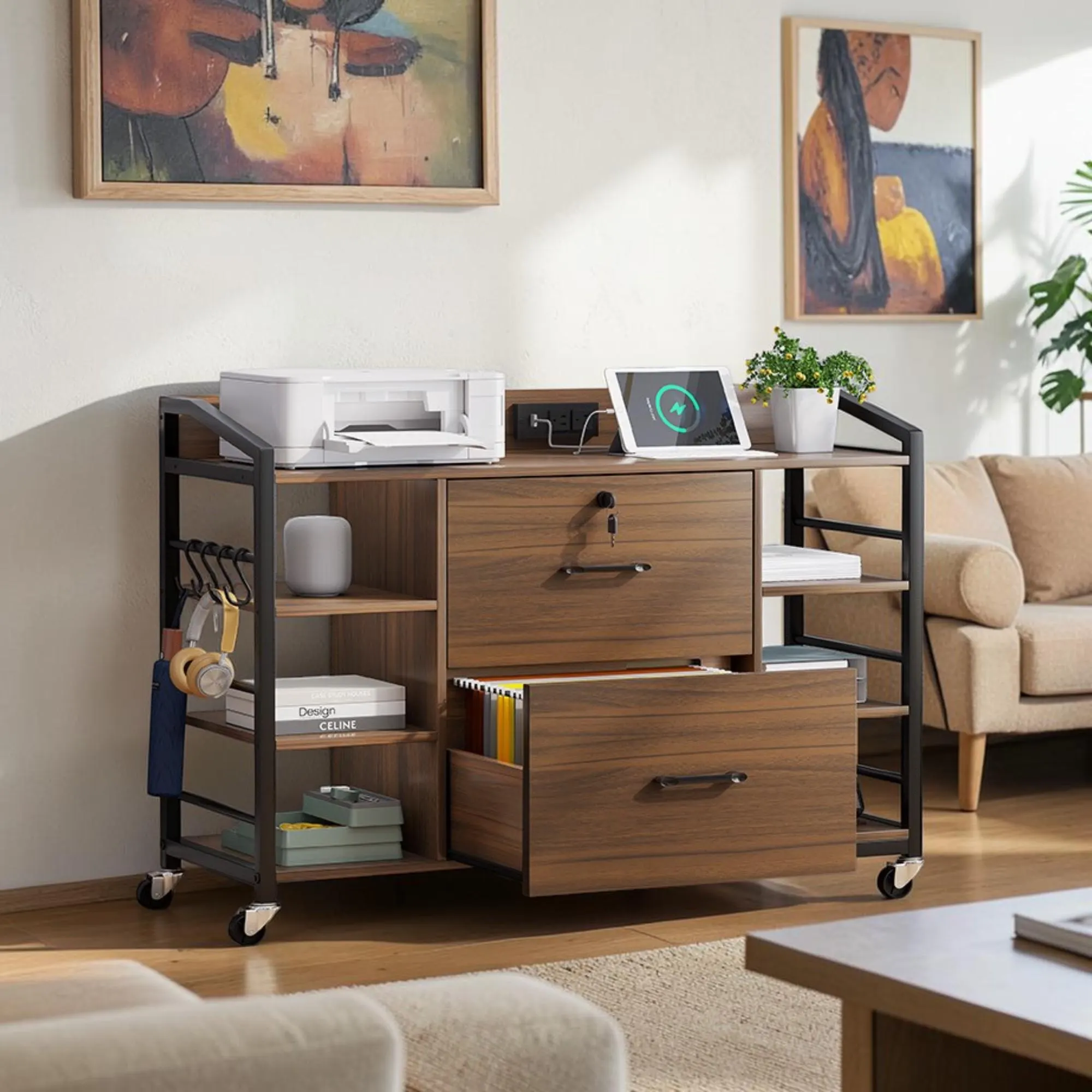 Walnut Lateral File Cabinet with Lock, Charging Station, Wheels (2-Drawer)