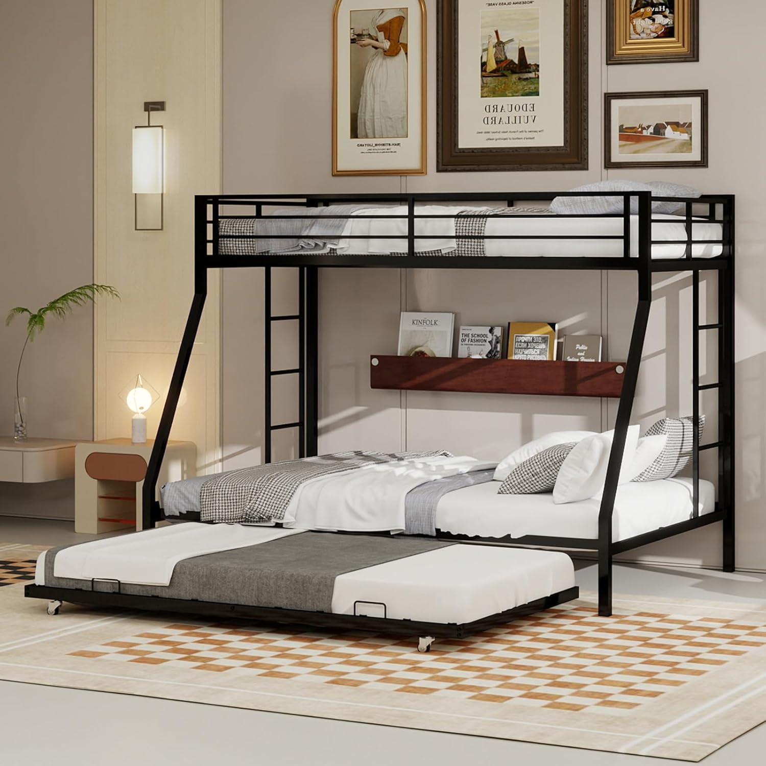 Twin XL Over Queen Bunk Bed with Trundle, Heavy Duty Metal Bunk Bed Frame with 2 Ladders and Full-Length Guardrail, Space-Saving Bunk Beds for Kids Teens Adults, No Box Spring Needed, Black