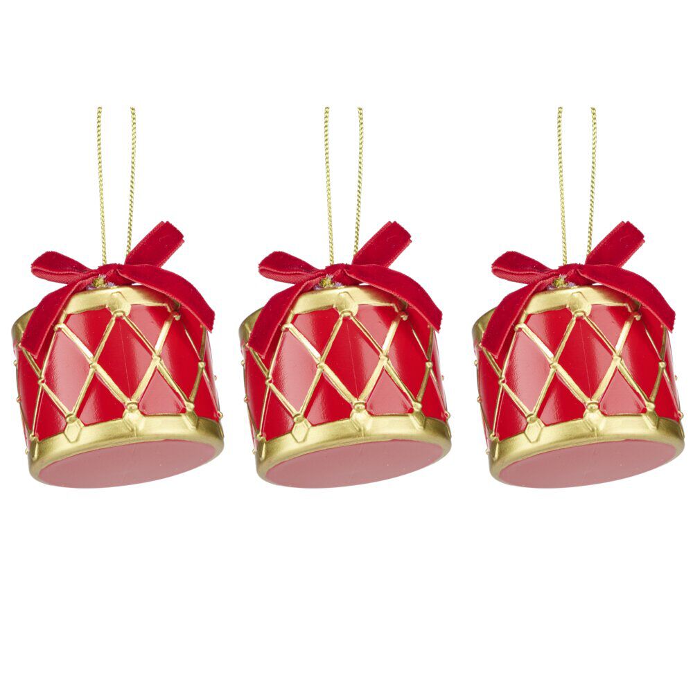 Tambours de No&euml;l rouges et dorés x3 à suspendre L7cm