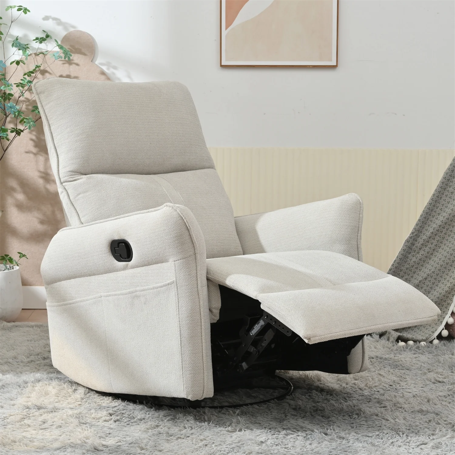360° Swivel Rocking Recliner Chair, Manual Glider with Footrest, Modern Padded Lounge Chair for Small Spaces, Side Pockets
