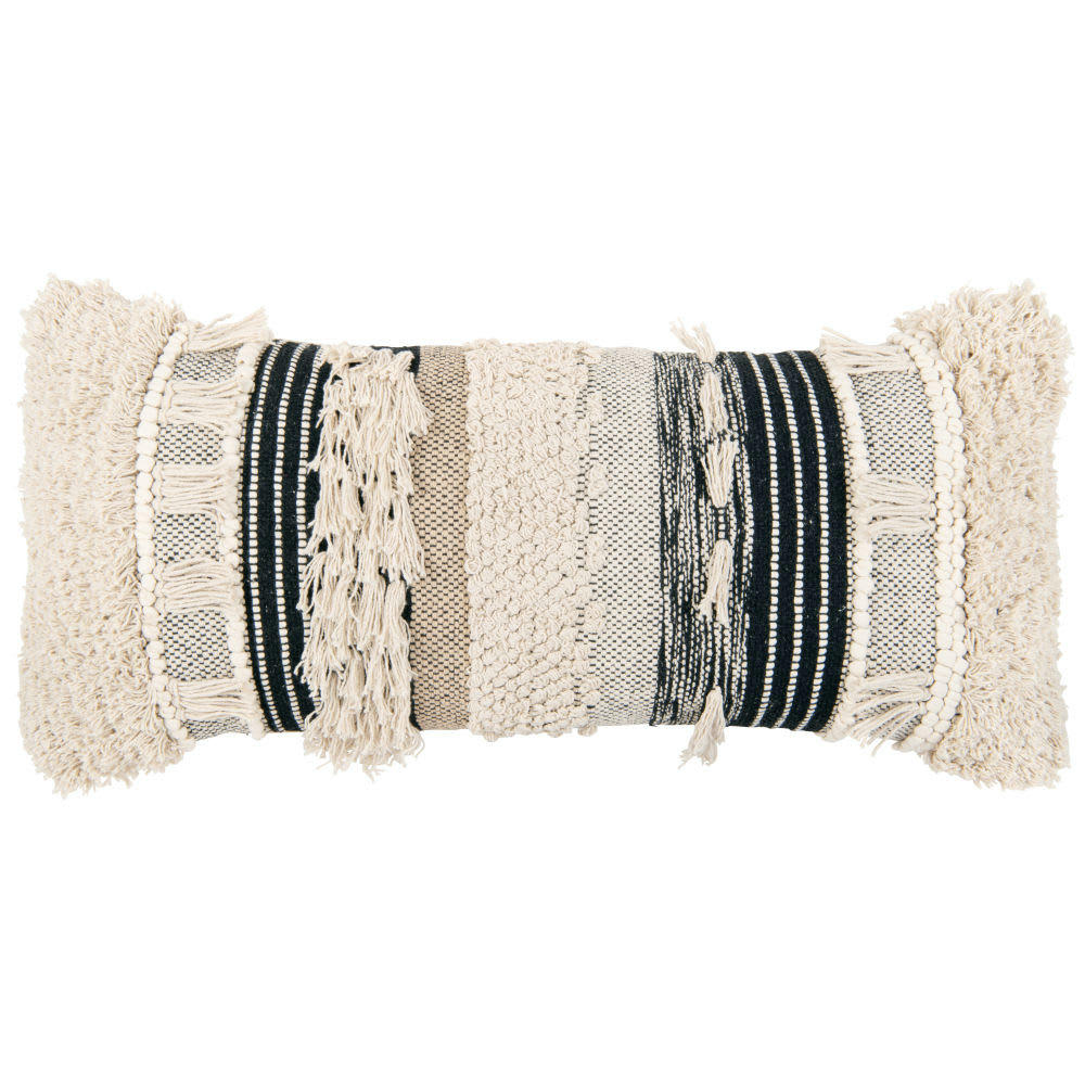 ABDY - Coussin en coton recyclé brodé écru, beige et noir 35x80