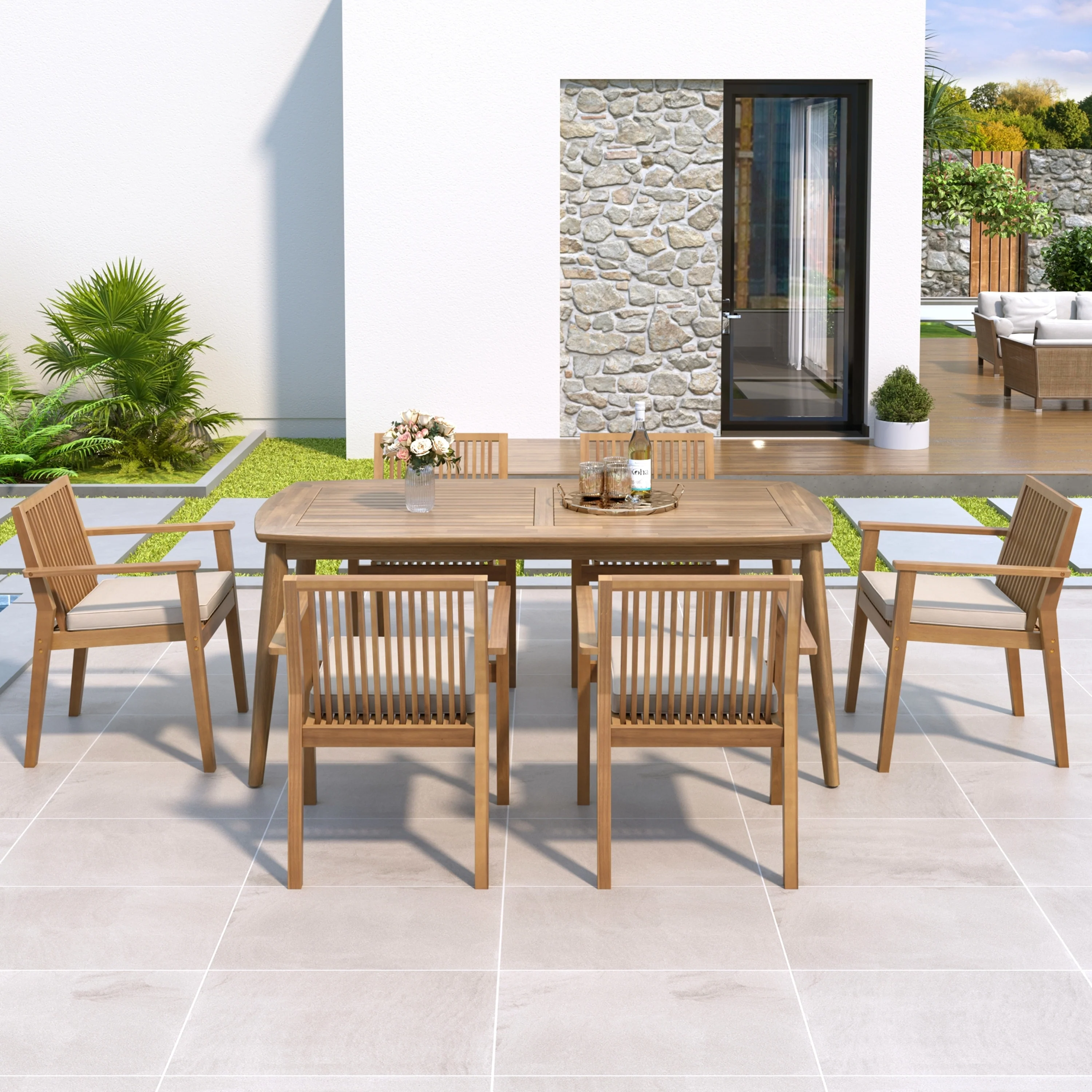 7-Piece Acacia Wood Outdoor Dining Set - 70.75 Table & 6 Chairs with Removable Cushions for Patio Garden