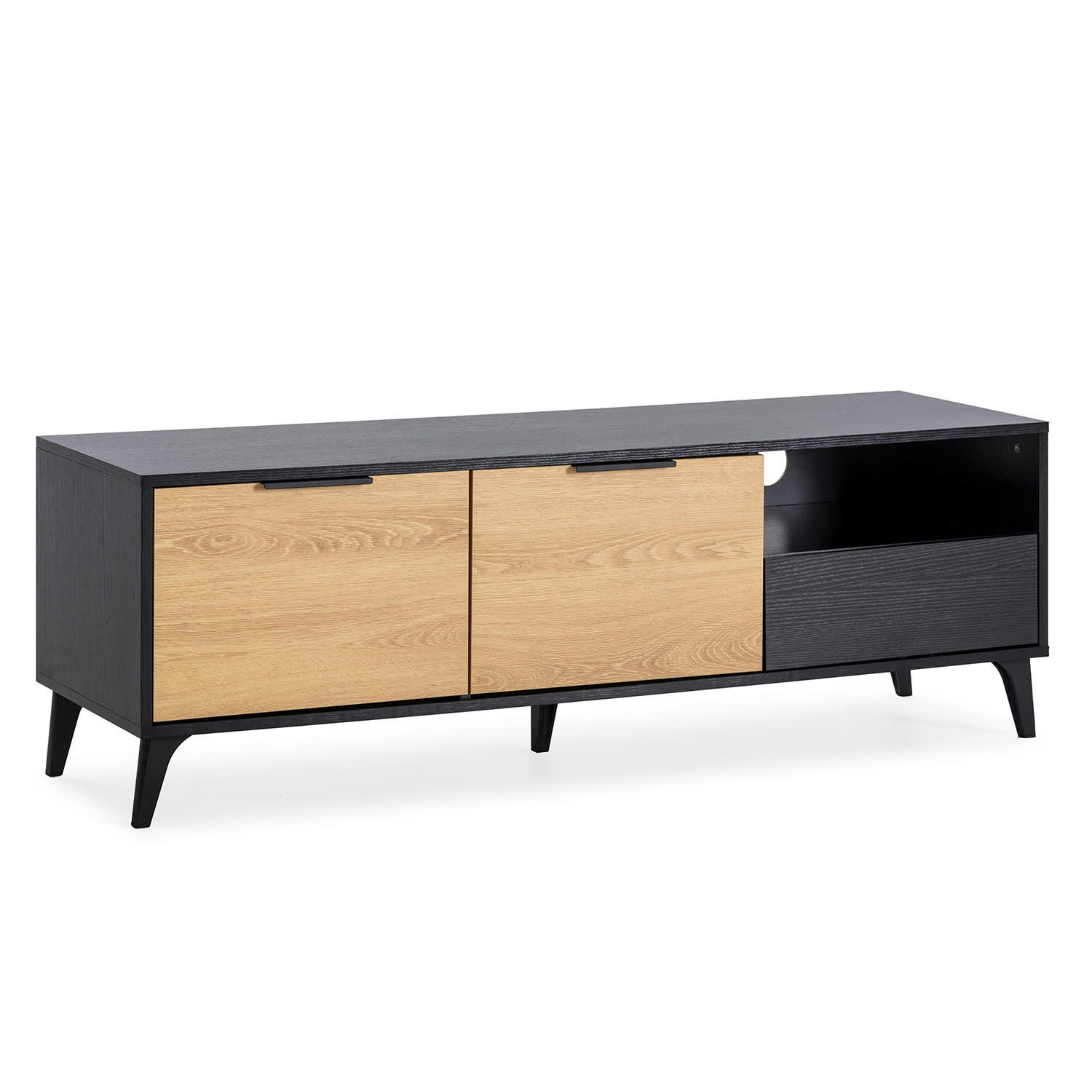KALMA - Meuble TV 2 portes 1 tiroir noir/chêne, longueur 136 cm