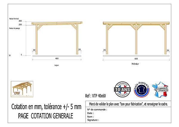 Carport toit plat, 400cmx600cm, bois DOUGLAS Français(Charpente en bois-auvent-abri voiture) 24 m². Garantie 10 ans