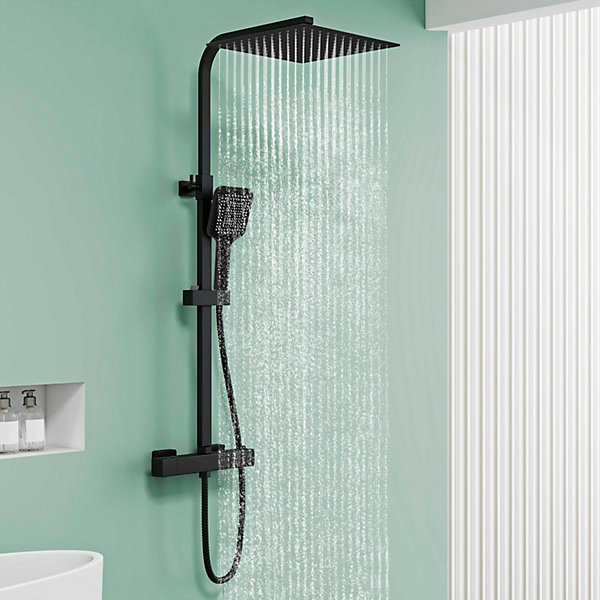 AICA colonne de douche thermostatique avec douche de tête carré de 30 cm, douchette à main 3 fonctions,noir,hauteur réglable