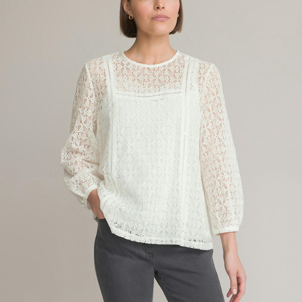 Blouse dentelle, col rond, manches longues