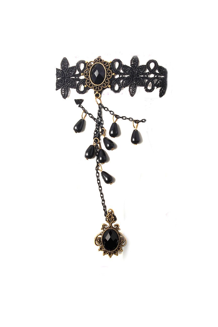 SVNX Lace Bracelet With Charm And Ring Detail In Black