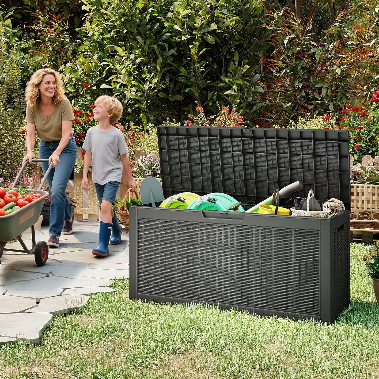 LubanNese Outdoor Storage Box, Waterproof Deck Box, Outdoor Patio Storage Bin, Weatherproof (Black, 66 Gallon)